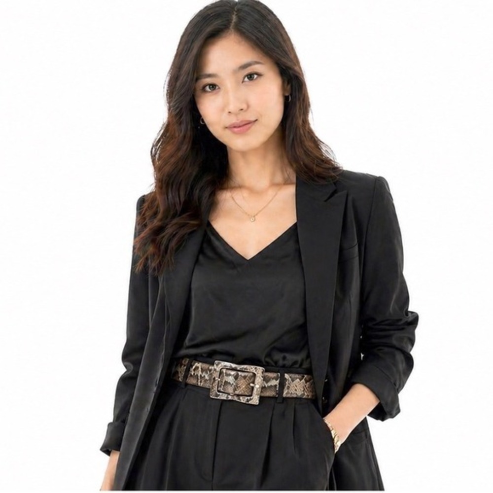 New York & Co Faux Snakeskin Belt Brown Tan Animal Print Wide Buckle Chic 47-49